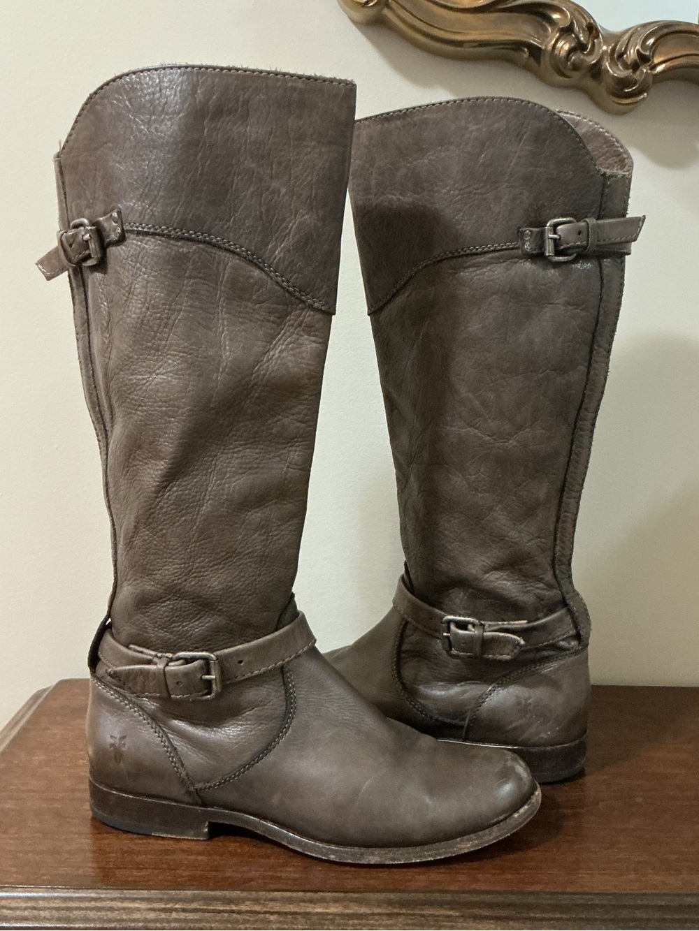 Frye Phillip Brown/gray Leather Tall Riding Boots Size 8 1/2 B